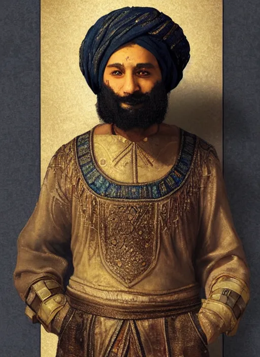 Prompt: middle ages middle eastern colored clothing, wearing a turban, middle aged man, dark complexion, well short trimmed beard, 3 / 4 portrait, nebula aura surrounding object, futuristic looking, head and full body view, rembrandt art style, realistic art style