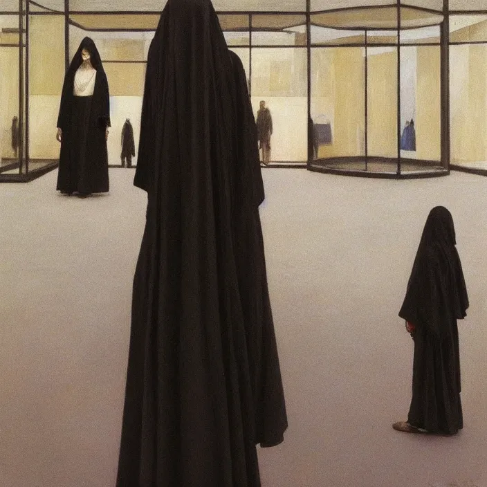 Image similar to woman in black robes, back to us, in magnificent shopping mall, artstation, art by edward hopper, zdislav beksinski, wayne barlowe, edward hopper