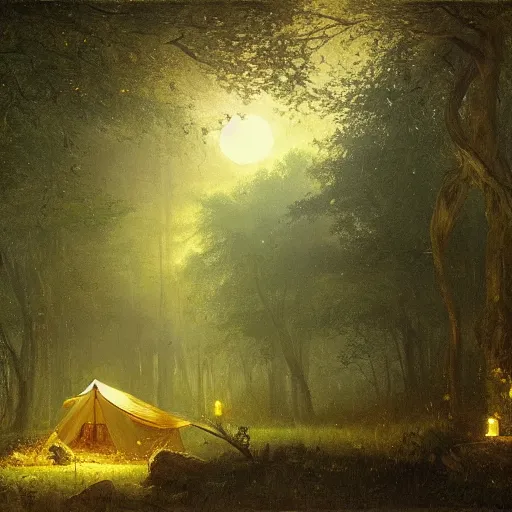 Prompt: an oil painting of a forrest at dusk with a moonlight clearing and fireflies and an abandoned tent. By carl spitzweg tuomas korpi and greg rutkowski