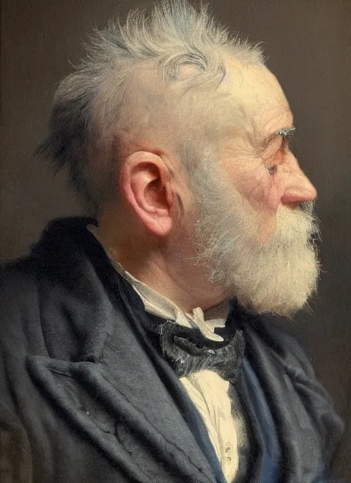 Image similar to a detailed portrait of old man with a extravagant blue mohawk by edouard bisson, punk rock, oil painting, muted colours, soft lighting