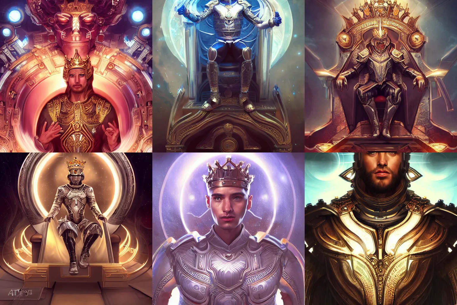 Prompt: full body portrait of a king on his throne in the year 2 3 0 0, futuristic, heavenly lights, highly detailed illustration, neoclassicist painting, digital art, cover art by artgerm, award winning, artstation, 4 k