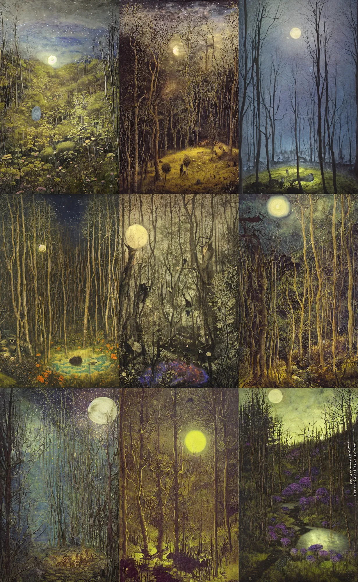 Prompt: painterly dreamy dark midnight hill in the forest with trees, flowers, birds, glowing owls, deers, barely seen women, lianas, thistles, a stream and sky with moon and stars by Mikhail Vrubel, Alexei Savrasov, Aron Wiesenfeld, Ivan Kramskoi, dark fantasy, witcher, very detailed oil painting in the alla prima style, masterpiece, 8k
