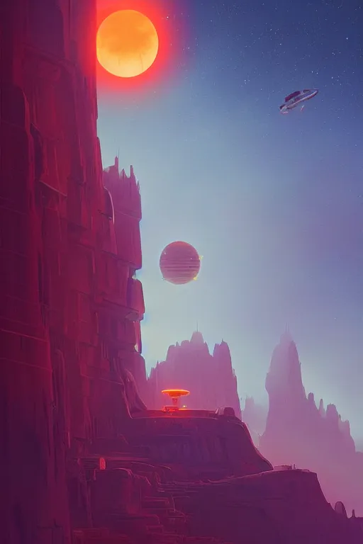 Prompt: orange glowing temple in canyon, spaceships flying around, planets in the sky, dramatic lighting, artstation, matte painting, ralph mcquarrie, simon stalenhag