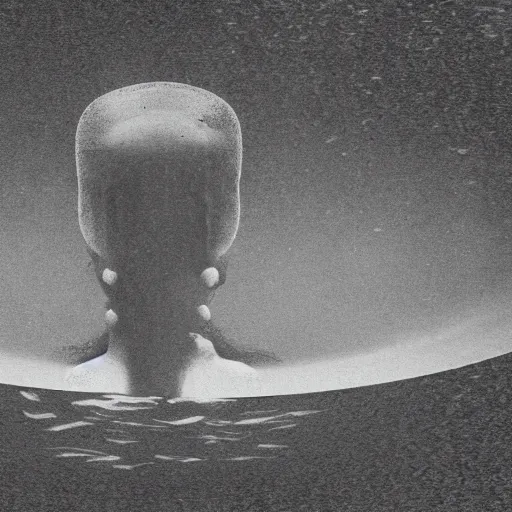 Image similar to a gigantic cyclope emerging from underwater, gazing to the darkened sky, old 3 5 mm, black and white, photorealistic