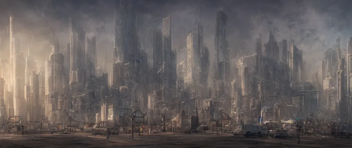 Prompt: dystopian city surrounded by large gates