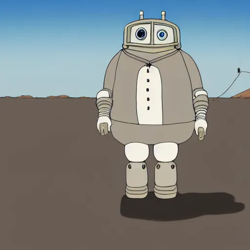 Prompt: a study of cell shaded cartoon of a grey robot st. bernard from howl's moving castle ( 2 0 0 4 ) on a desert road, full body, wide shot, very muted colors, post grunge, studio ghibli, laurie greasley, highly detailed, deviantart, art by artgem