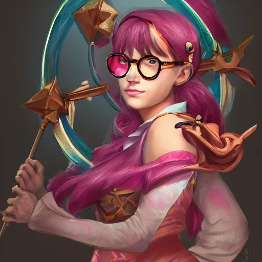 Prompt: a high fantasy portrait of a celestial magical girl with circular glasses, very beautiful, very attractive, trending on artstation, cool color scheme, unreal engine, semi - realism, deviant art