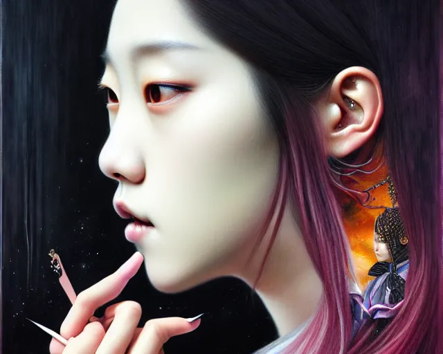 Image similar to jisoo from blackpink, portrait, tarot card, hyperrealistic, highly detailed, deep focus, intricate, elegant, digital painting, smooth, sharp focus, illustration, ultra realistic, 8 k, art by karol bak and agnes cecile