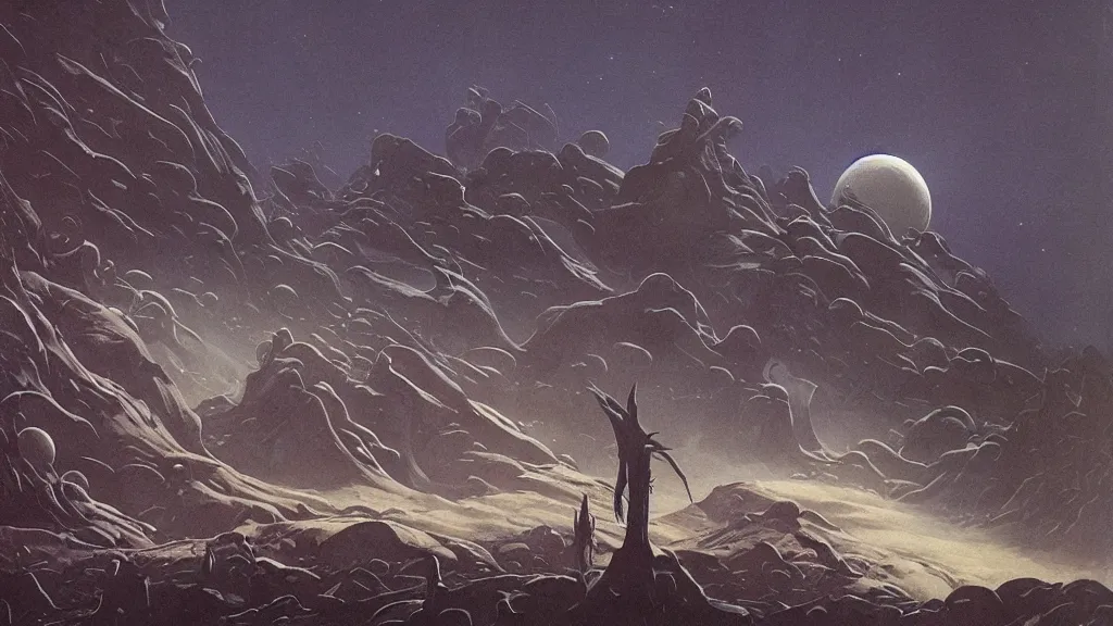 Image similar to eerie atmospheric evolving alien planet by gerald brom and vincent di fate, epic cinematic matte painting