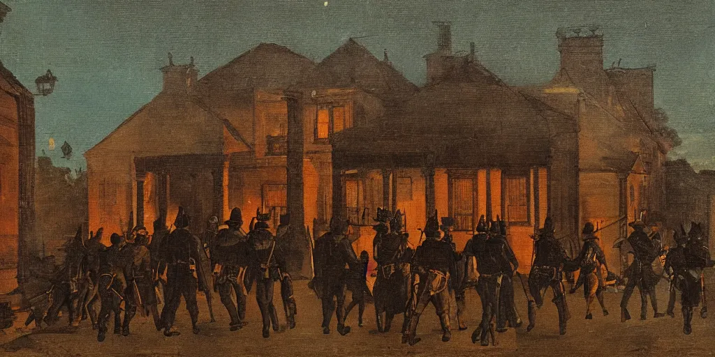 Prompt: a band of outlaws seen from the back walking toward a flaming mansion at night, as a XIXth century painting