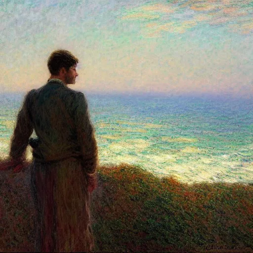 Image similar to an attractive male standing on a cliff, clothed!, looking out at the ocean, by gaston bussiere, craig mullins, j. c. leyendecker, claude monet