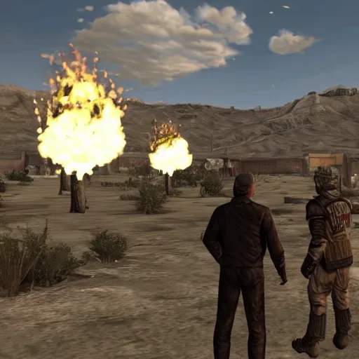 Prompt: walter white and jesse pinkman in fallout new vegas, gameplay screenshot, gamebryo engine, winnebago rv, epic, hd