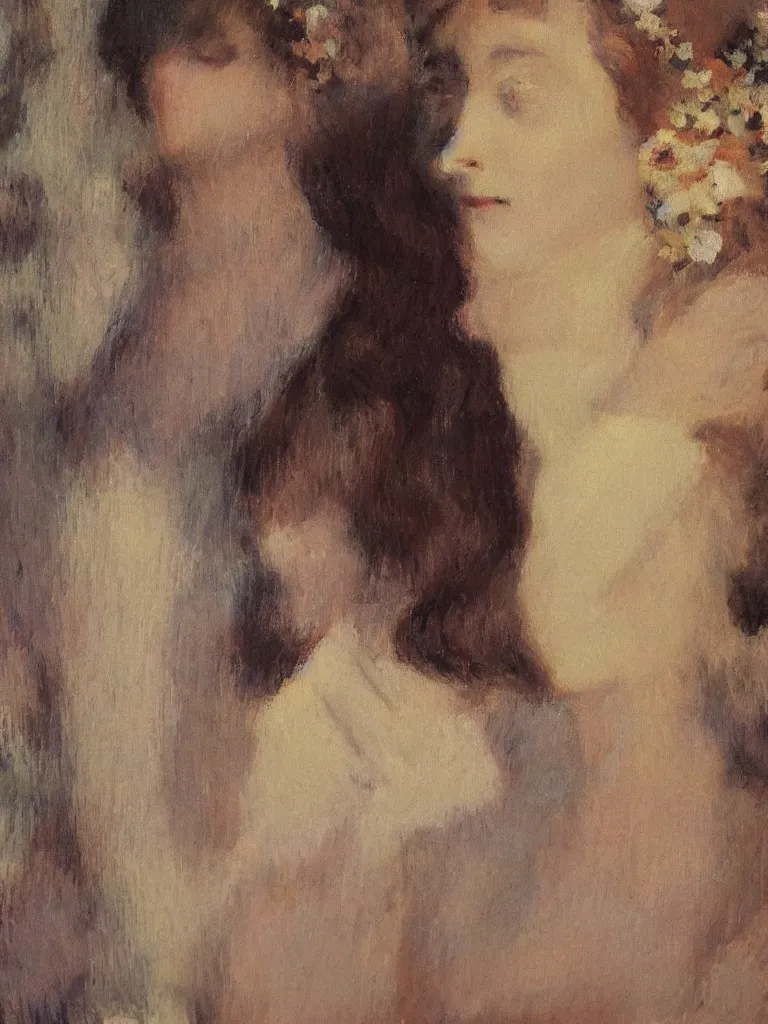 Image similar to portrait of < zelda fitzgerald > as a beautiful young lady wearing 1 9 2 0 s fashion, blurry face, brown hair, slim, fair, severe out of focus, depth of field, pleinairism, in the sun, backlit, closeup, oil on canvas, atr by monet, in the style of le promenade, smooth, impressionnisme, 8 k