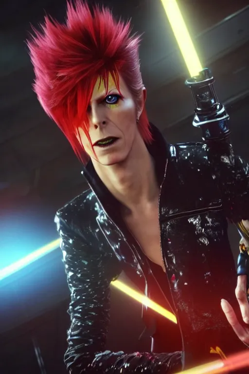 Image similar to screenshot of david bowie as ziggy stardust in final fantasy 15, high resolution, hd, 4k
