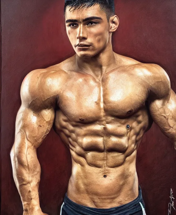 Image similar to heroic portrait of a handsome young mexican bodybuilder, art by denys tsiperko and bogdan rezunenko, hyperrealism