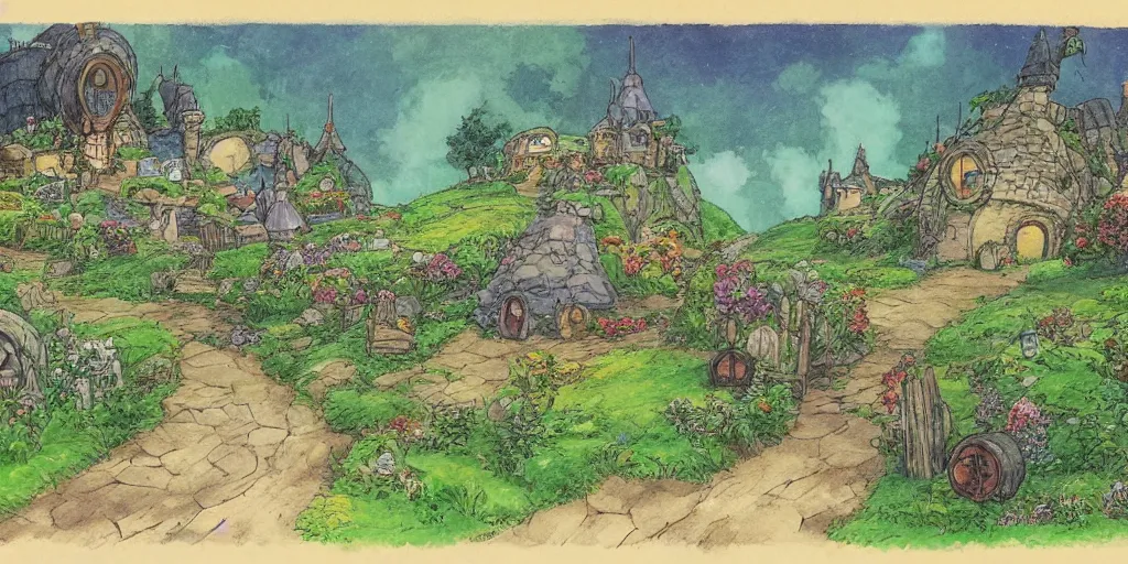 Image similar to a still of a background from howl's moving castle of hobbiton, studio ghibli