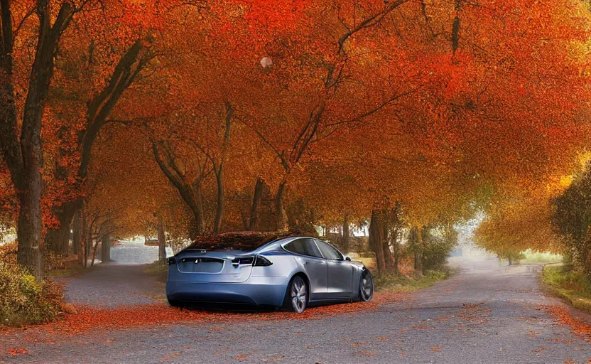 Image similar to new tesla model s on an autumn street by peder mørk mønsted