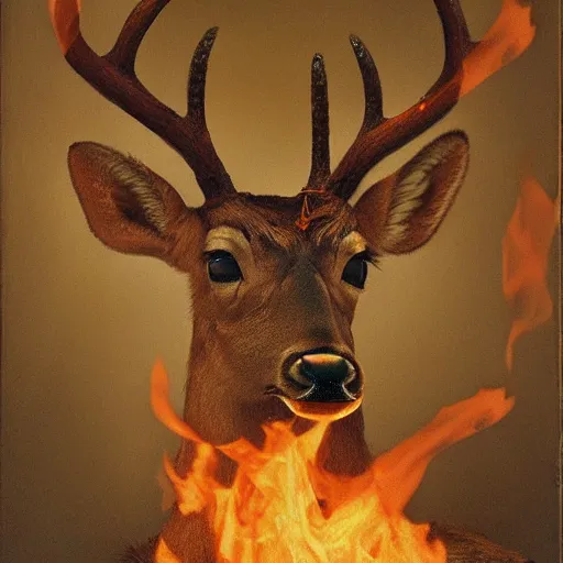 Image similar to a flaming deer portrait in the style of renaissance painting