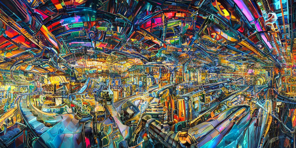 Prompt: the interior of a vast colorful futuristic industrial complex with biomechanical machinery and beautiful objects, ultra detailed, complex, intricate, emotional, exquisite, hd, perspective, digital art