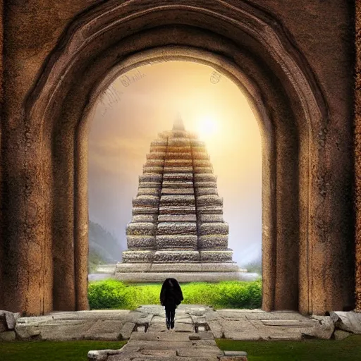 Prompt: a lone traveler exploring giant temples with large doors, mysterious statues, fantasy art