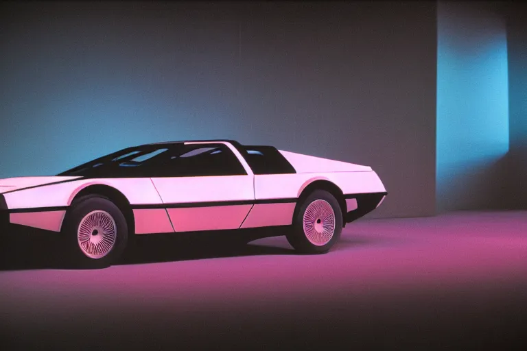 Image similar to designed by Giorgetto Giugiaro poster of a DeLorean thick neon lights, ektachrome photograph, volumetric lighting, f8 aperture, cinematic Eastman 5384 film