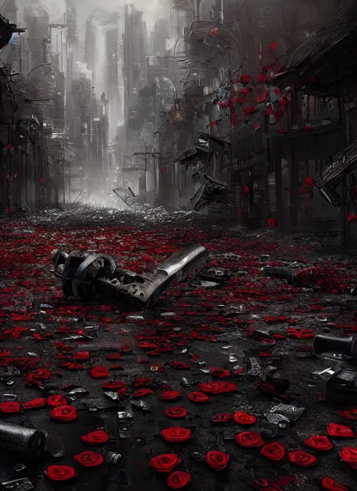 Image similar to chaotic and crazy scene. dystopia city at night, smashed beer bottles, blood - stained red roses, and the crushed roses fell to the ground, 4 k, unreal engine, light effect, by seb mckinnon, artstation