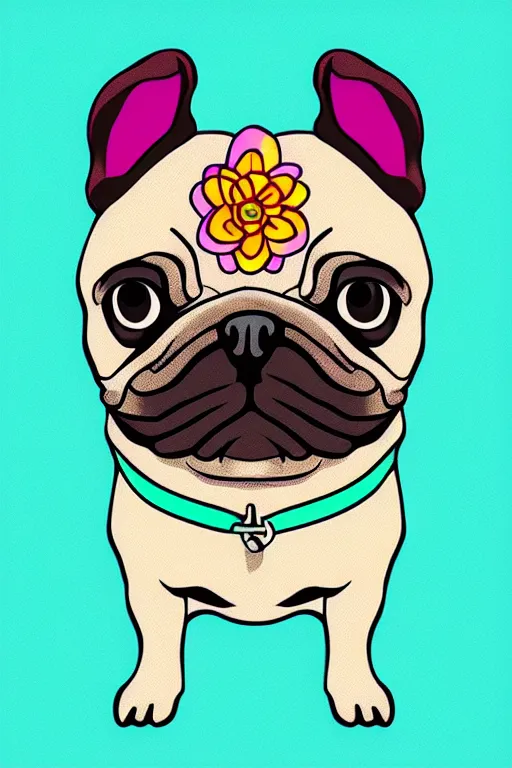 Image similar to portrait of a flower rambo pug, art by milka oxana, sticker, colorful, illustration, highly detailed, simple, smooth and clean vector curves, no jagged lines, vector art, smooth