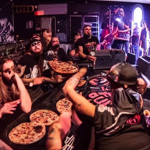 Image similar to pizza party at a metal concert held in cyblerspace