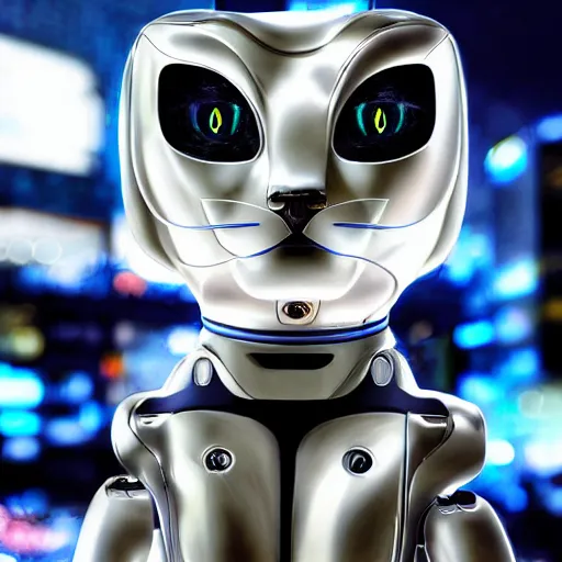 Image similar to robotic cat from the future, scary, cyberpunk style. photograph.