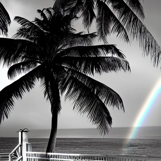 Image similar to miracle musical Hawaii part ii album cover, showing an ocean in the background, spiral transparent stairs on the left with tall palm trees behind it, a slight rainbow in the background, white outline border, moon in the right top area black and white