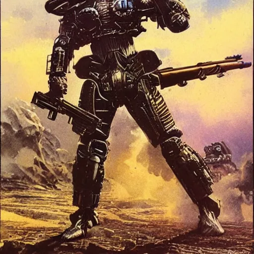Image similar to schwarzenegger in armored suit and weapons, art by bruce pennington