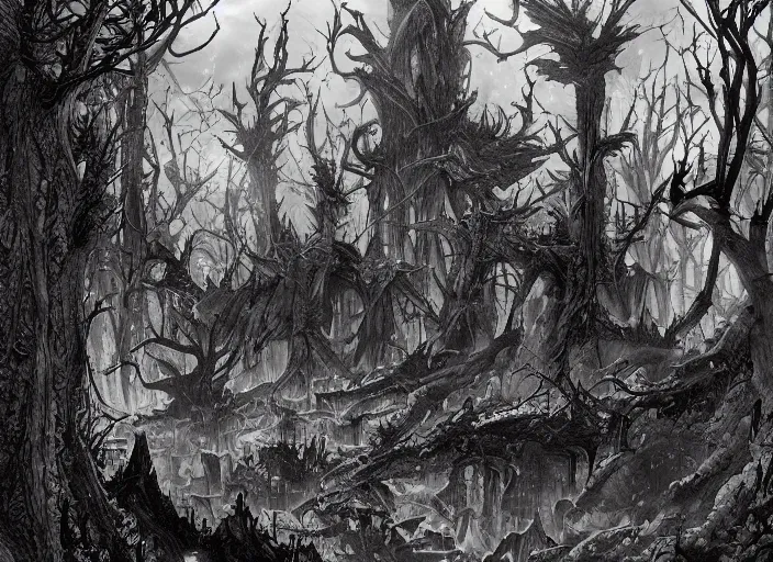 Image similar to a landscape of a forest at hell by takeshi obata and mike mignola, hell, dragons, red and black colors, colors, abandoned buildings, forest with trees with faces, small demons, shadows screaming, night sky, highly detailed, cgsociety, artstation, pencil and ink, very detailed