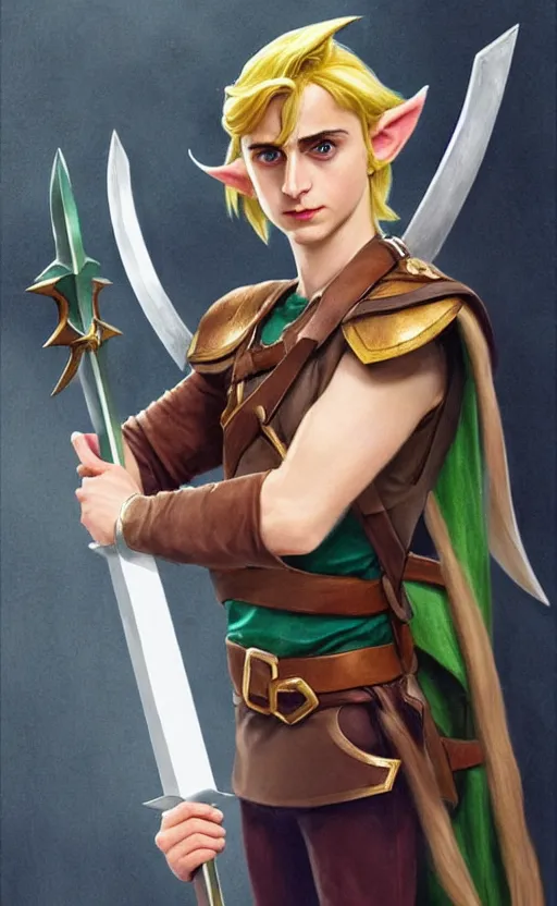 Image similar to Timothee Chalamet as Link from Legend of Zelda, elf ears, long blonde hair, +++ super super super dynamic posing, j.c. leyendecker, Valentina Remenar, thick eyebrows, super serious facial expression, holding a sword & shield, ocarina of time movie, concept photos, dynamic lighting, dynamic shaders