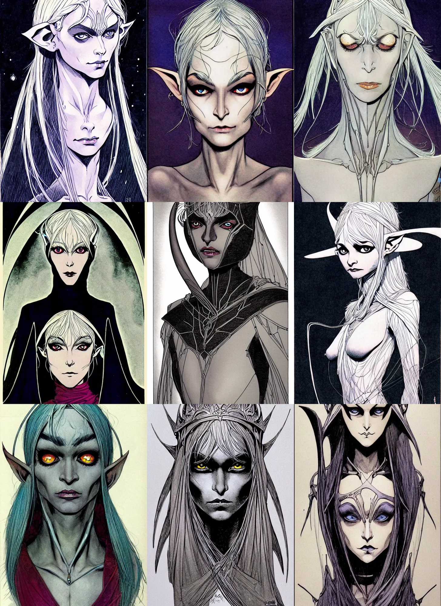 Prompt: elderly drow elf queen!! sci - fi! moebius, milo manara, hugo pratt, french comic art, semi - realistic anime, portrait, beautiful face, symmetrical face, trending on pixiv, detailed, clean lines, sharp lines, crisp lines, award winning illustration, masterpiece, 4 k