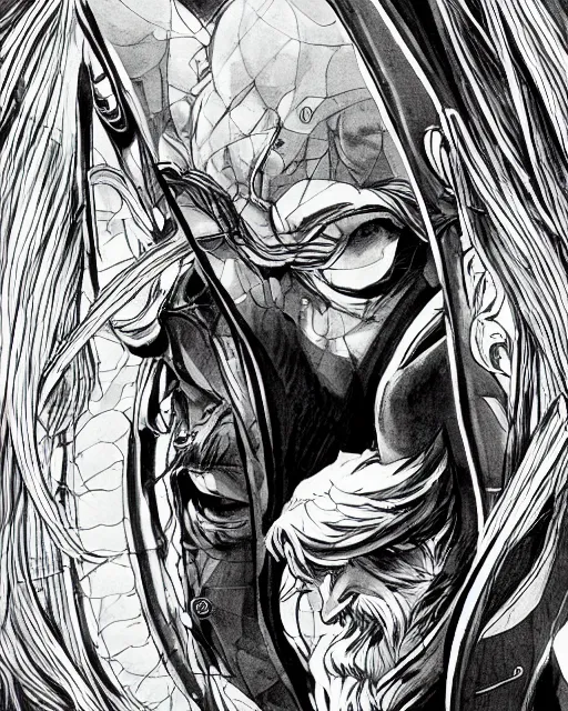 Image similar to An old man looking at a mirror, black and white, fantasy art, in the style of masami kurumada, illustration, epic, fantasy, intricate, hyper detailed, artstation, concept art, smooth, sharp focus, ray tracing