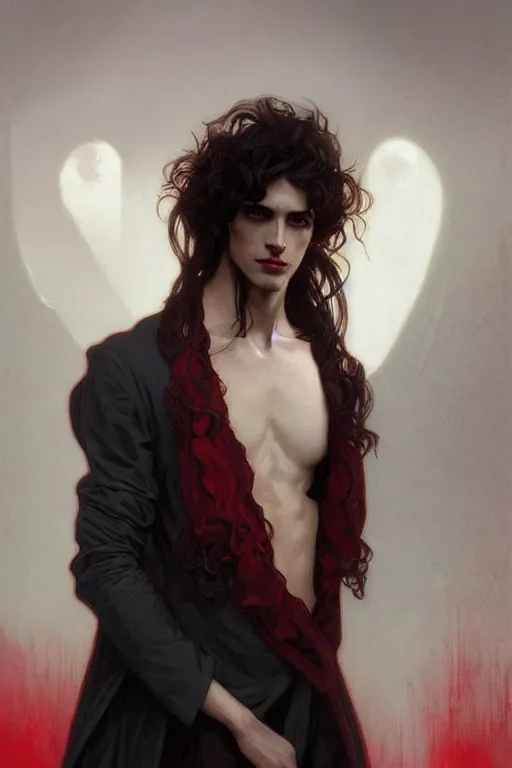 Prompt: portrait of a beautiful young fit male vampire with long curly hairs, dressed with expensive clothes, by greg rutkowski and alphonse mucha, d & d character, gradient white to red, modern nocturnal background, highly detailed portrait, digital painting, artstation, concept art, smooth, sharp focus ilustration, artstation hq