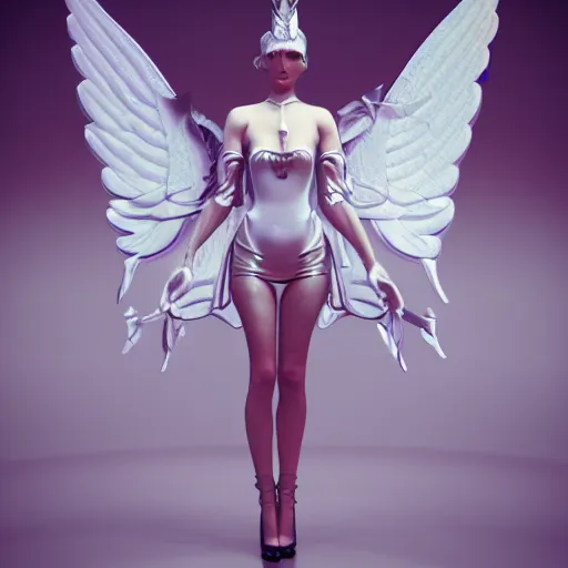 Image similar to fantasy angel with wings inspired avant - garde art, deco fashion, highly detailed, photorealistic portrait, bright studio setting, studio lighting, crisp quality and light reflections, unreal engine 5 quality render