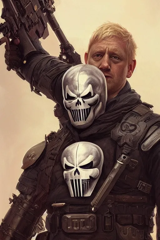 Image similar to Boris Johnson as Punisher, armor plate, realistic portrait, symmetrical, highly detailed, digital painting, artstation, concept art, smooth, sharp focus, illustration, cinematic lighting, art by artgerm and greg rutkowski and alphonse mucha