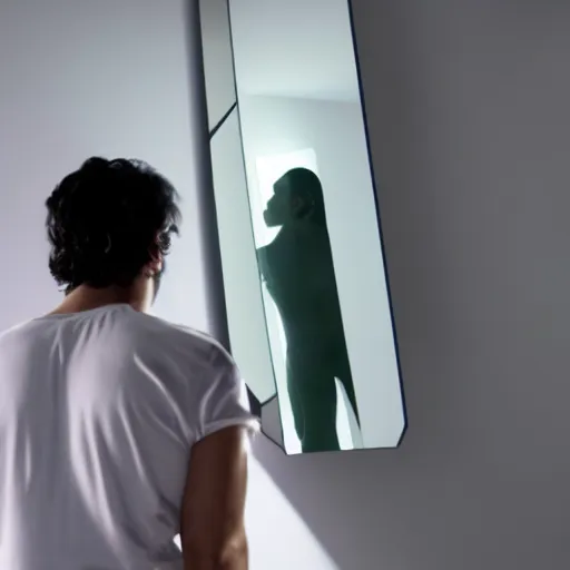 Prompt: human holograph looking to his refelection in mirror