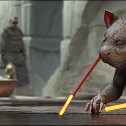 Prompt: a film still of master splinter during his training to become a jedi realistic, detailed