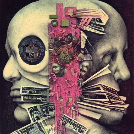 Image similar to post - punk new age album cover, asymmetrical design, dollar bank notes, capitalism, magic, apocalypse, psychedelic, black white pink, magic, giger h. r., giuseppe arcimboldo