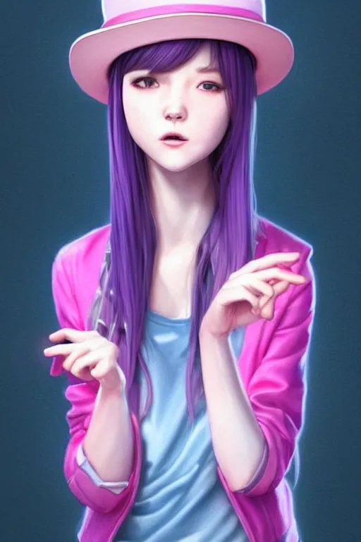 Image similar to gorgeous!!! hyper - realistic teenager girl with pink hair, light pink fedora hat and light pink jacket, with purple gloves, blue jeans and white shoes | drawn by wlop, drawn by jeehyung lee, drawn by artgerm | intricate, highly detailed, digital painting, character design, concept art, illustration, artstation