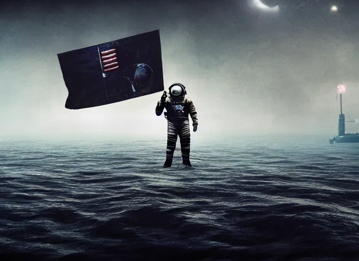 Image similar to astronaut holding a flag in an underwater desert. a submarine is visible in the distance. dark, concept art, cinematic, dramatic, atmospheric, 8 k, trending on artstation, blue, fish, low visibility, fog, ocean floor, christopher nolan, interstellar