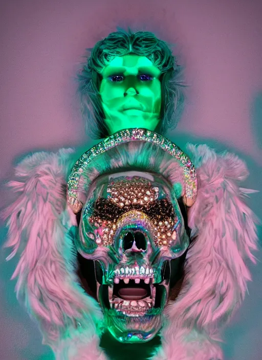 Image similar to photo of baroque and bladerunner delicate neon diamond sculpture of ceramic seductive albino prince diego villarreal rock and roll sticking tongue out, creamy pink iridescent humanoid deity wearing tiger fur hoody holding diamond skull in a green metallic dungeon, reclining, glowing rainbow face, crown of white diamonds, cinematic lighting, photorealistic, octane render 8 k depth of field 3 d