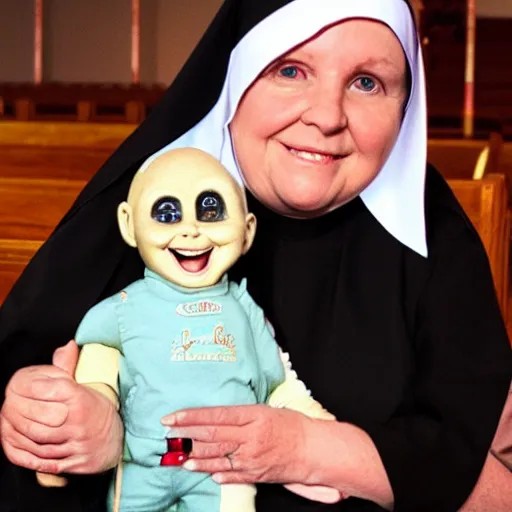 Image similar to a nun in church holding chucky the demonic killer doll on her lap