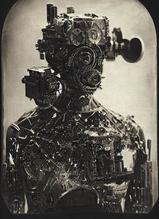 Image similar to old wetplate daguerreotype portrait of the birth of a super masked villain cyborg, explosion of data fragments, fractal, intricate, elegant, highly detailed, parallax, leica, medium format, subsurface scattering, by jheronimus bosch and greg rutkowski and louis jacques mande daguerre