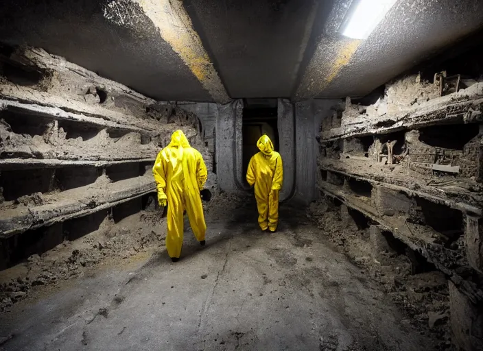 Prompt: a man in a yellow hazmat suit opens a portal to hell in an underground brutalist storeroom
