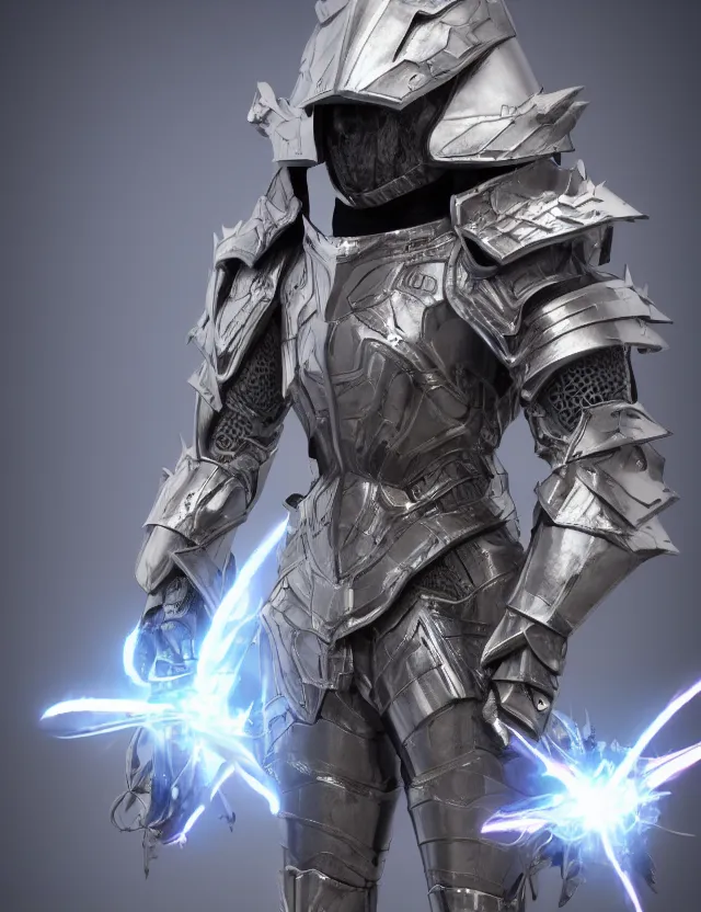 Image similar to full body shot, digital realistic 3 d rendering of a futuristic spacepunk armor holy paladin with light powers and sculpted detailed head armor, highly detailed, 4 k, hdr, smooth, sharp focus, high resolution, award - winning photo., corona render, substance painter hyper detailed armor. trending on art statation