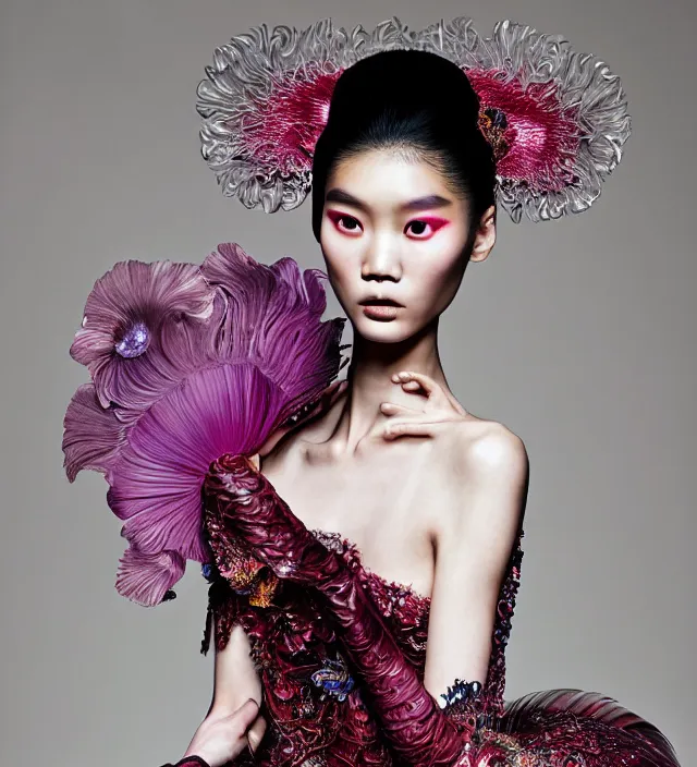 Image similar to photography american portrait of a stunning asian woman like ming xi. great hair style,, half in shadow, natural pose, natural lighing, rim lighting, wearing an ornate stunning sophistical fluid dress and hat iris van herpen, colorfull newbaroque makeup by benjamin puckey, highly detailed, skin grain detail, photography by paolo roversi