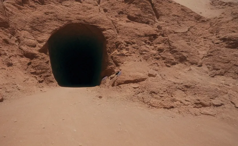 Prompt: high quality movie still of an infinite tunnel in the desert with giant deep wall, Cinestill 800t, heavy grainy picture, very detailed, high quality, 4k panoramic